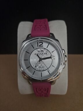 COACH BOYFRIEND SILVER CASE PINK/fuchsia SILICONE STRAP WOMENS WATCH 14503145